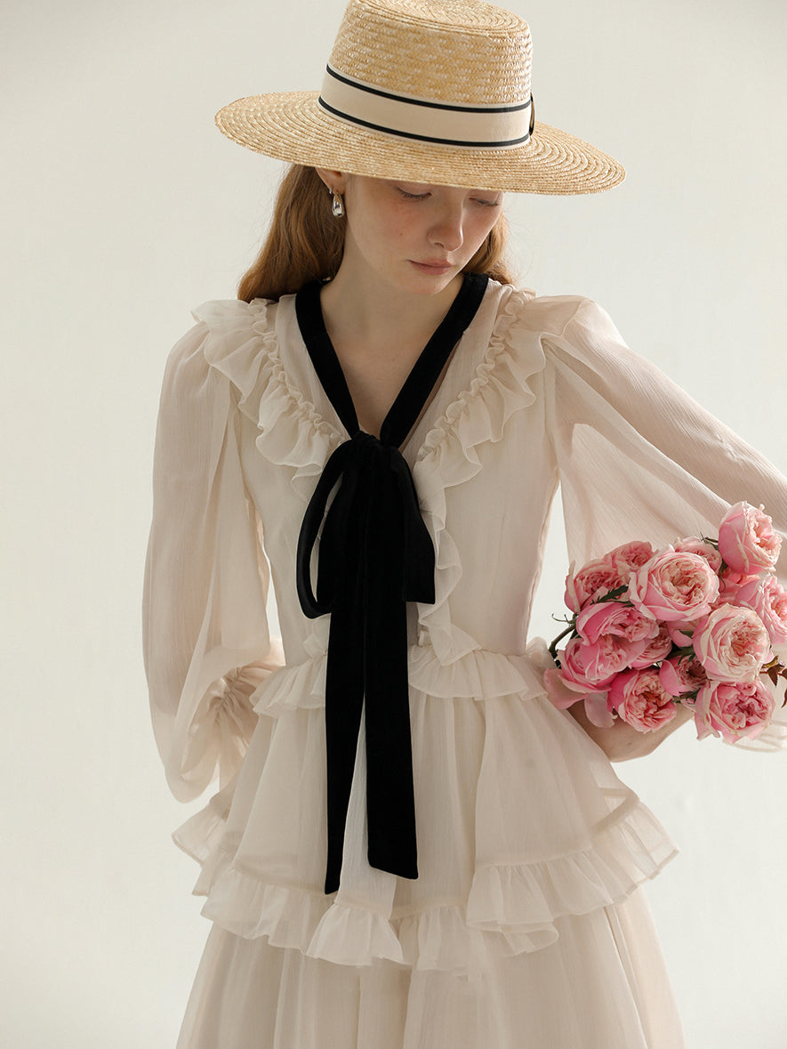 Ruffle ribbon French dress [Sky blue/white] – Jasmine