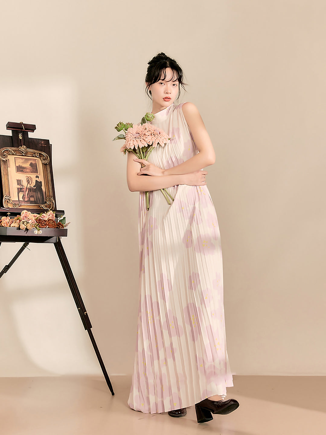 Stand collar pink pleated long dress 