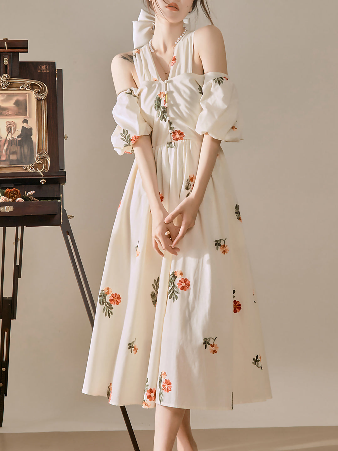 V-shaped ribbon off-shoulder floral pattern dress 