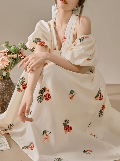 V-shaped ribbon off-shoulder floral pattern dress 