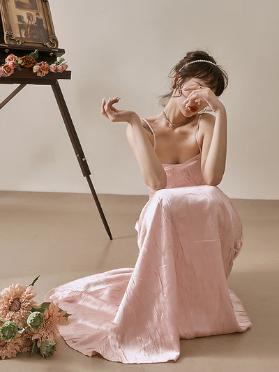バッククロス ピンクサテンシャギーキャミドレス