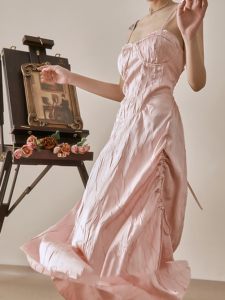 Cross-back pink satin shaggy cami dress 