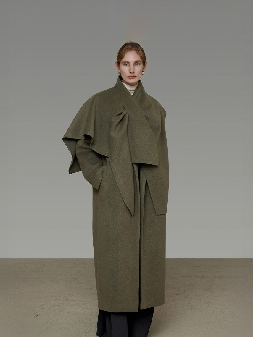 クロススカーフカラー ／立体ラップデザイン オーバーシルエットコート