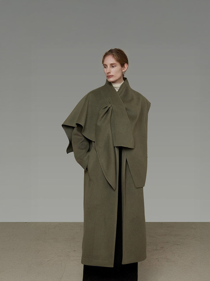 クロススカーフカラー ／立体ラップデザイン オーバーシルエットコート