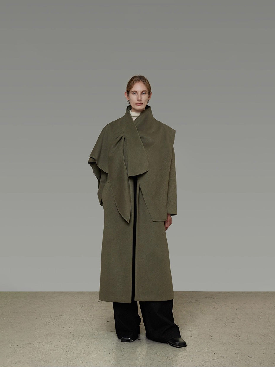 クロススカーフカラー ／立体ラップデザイン オーバーシルエットコート