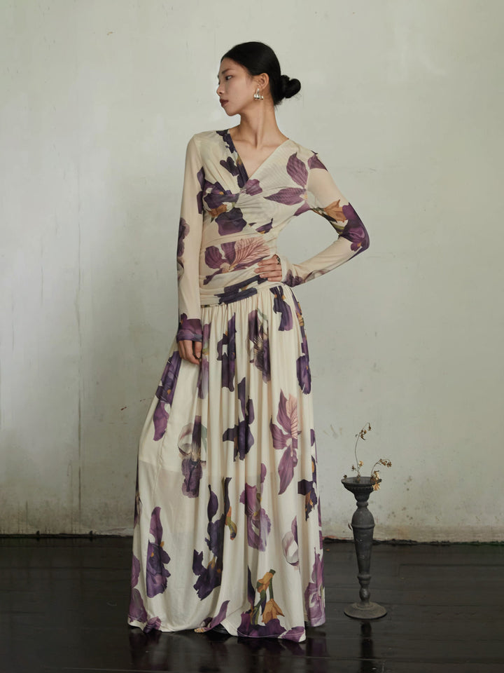 Satin floral print, vitamin color, long camisole dress 