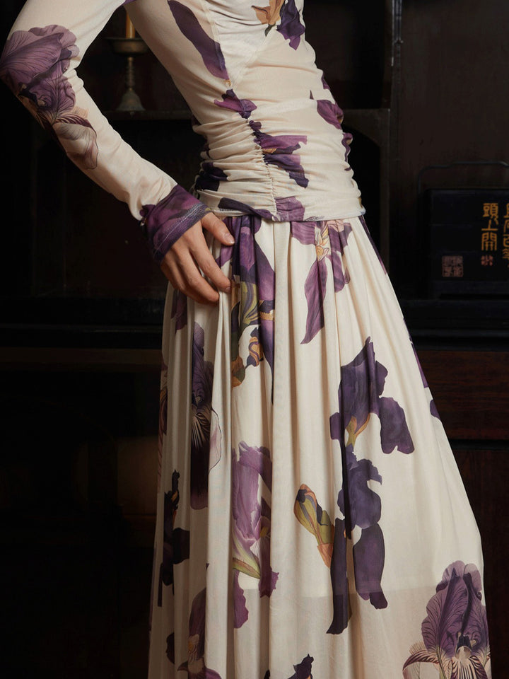 Satin floral print, vitamin color, long camisole dress 