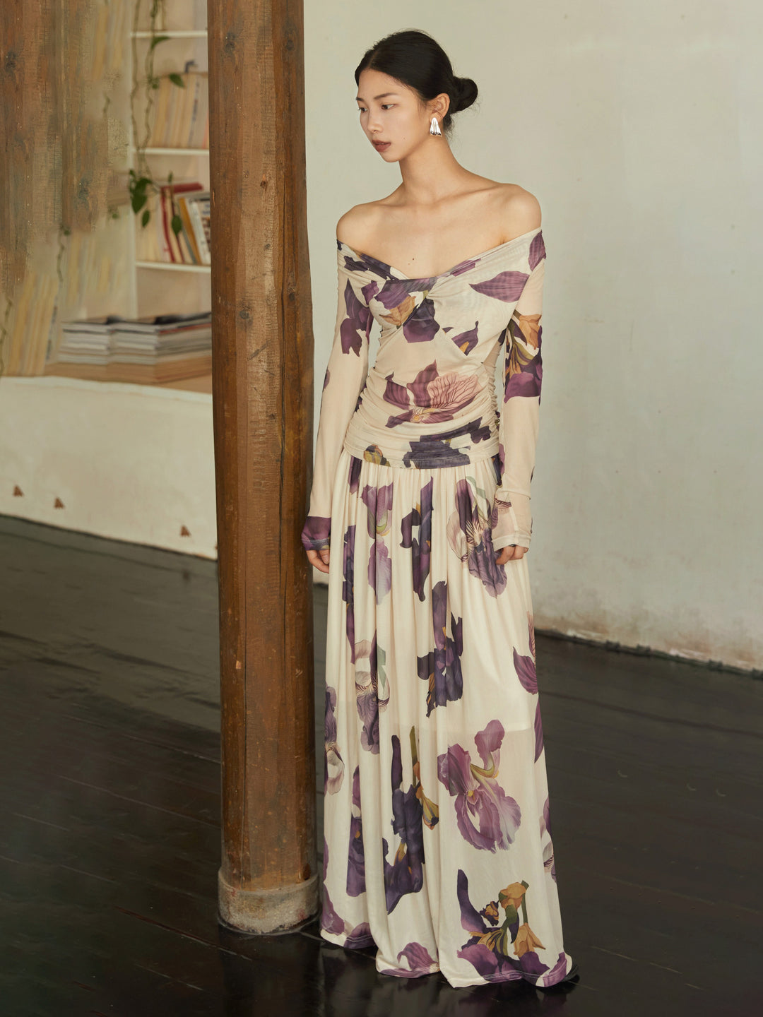 Satin floral print, vitamin color, long camisole dress 