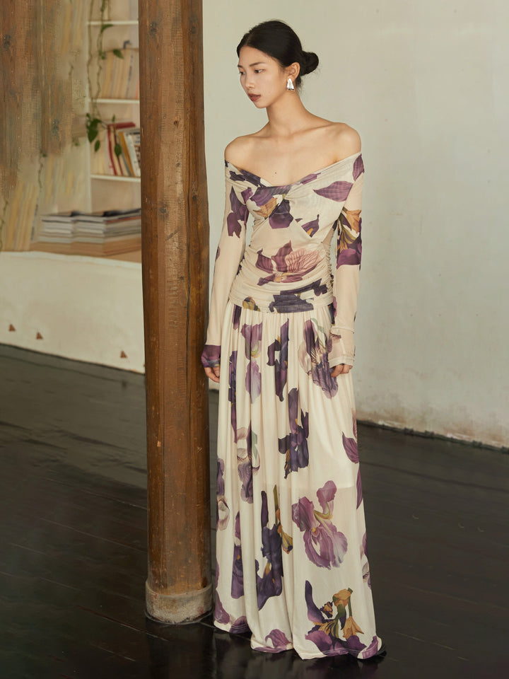 Satin floral print, vitamin color, long camisole dress 
