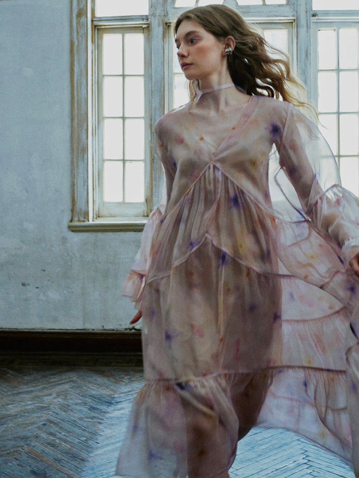 Vネック フリルティアードドレス