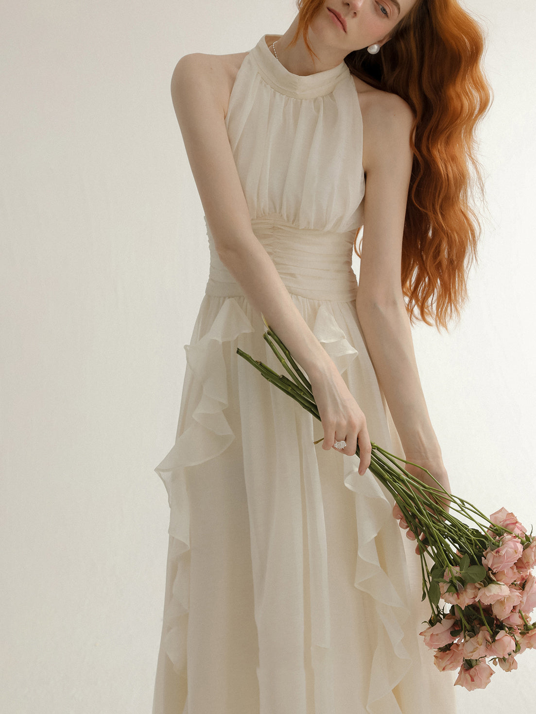 white ruffle halter neck dress 