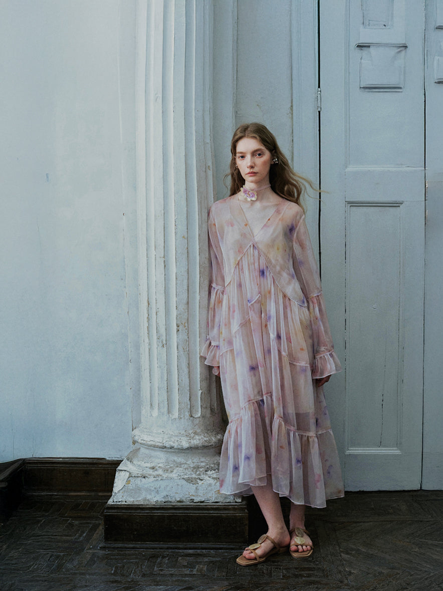 Vネック フリルティアードドレス