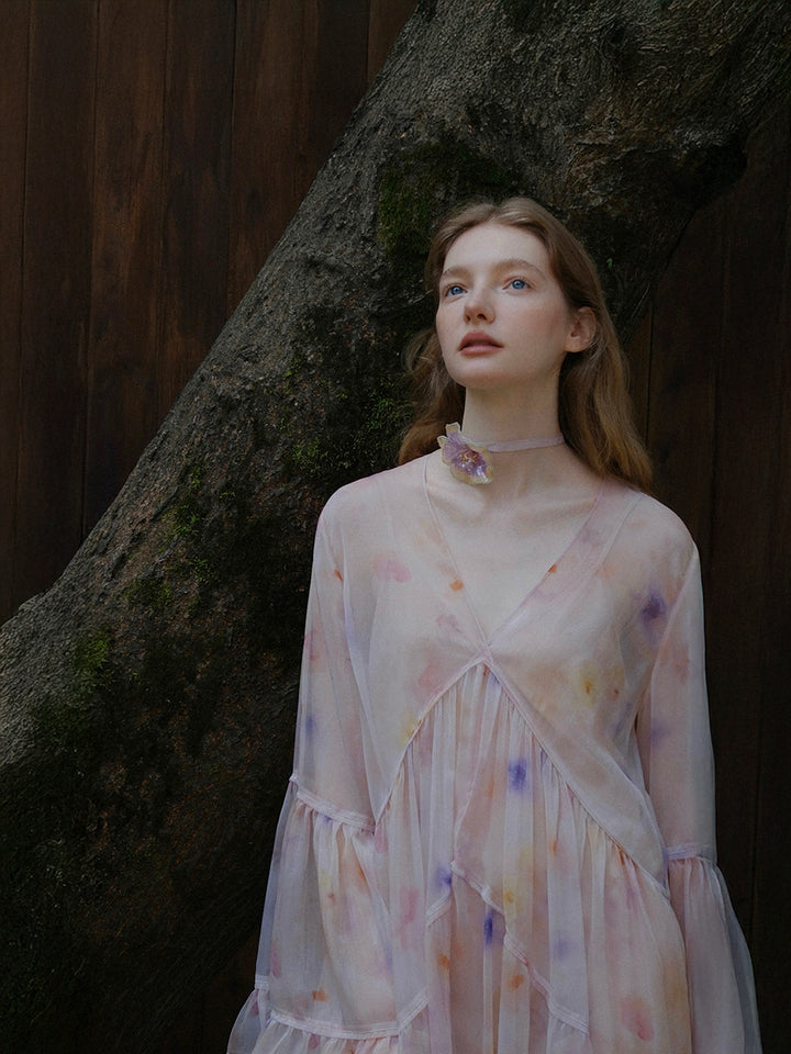 Vネック フリルティアードドレス