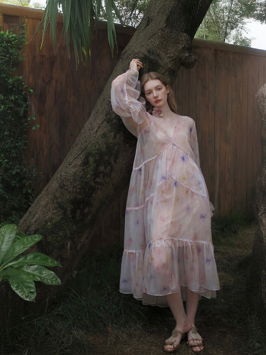 Vネック フリルティアードドレス