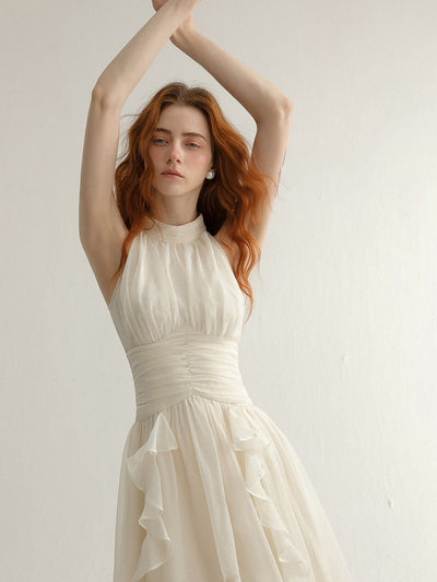 white ruffle halter neck dress 