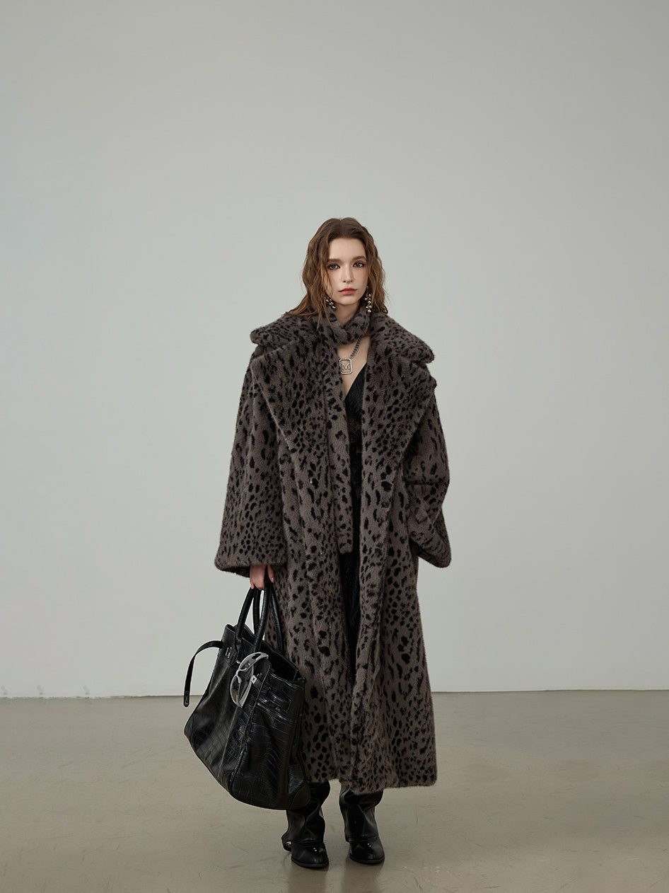 レオパードフェイクファー オーバーコート／ロング丈 エコファー
