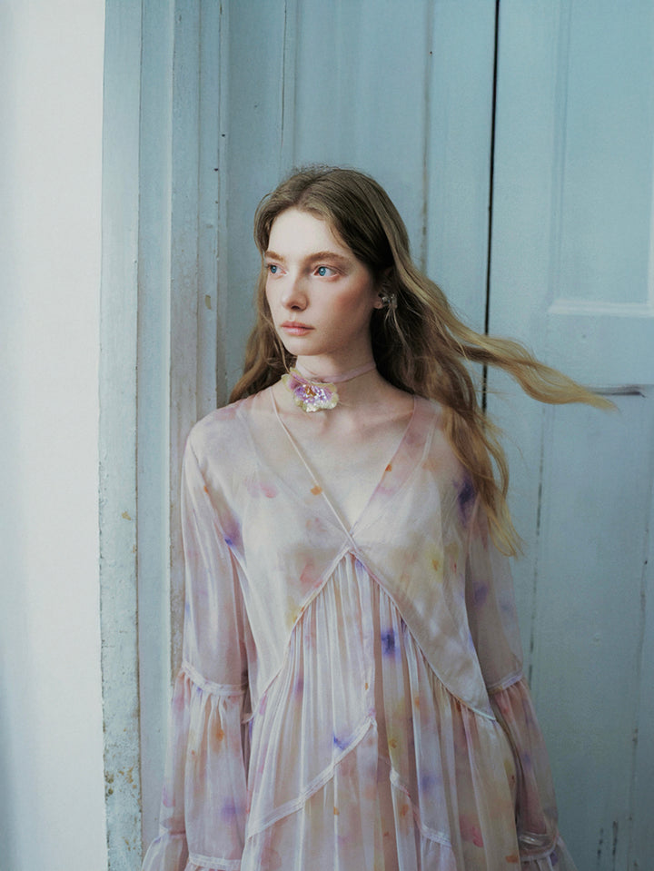 Vネック フリルティアードドレス