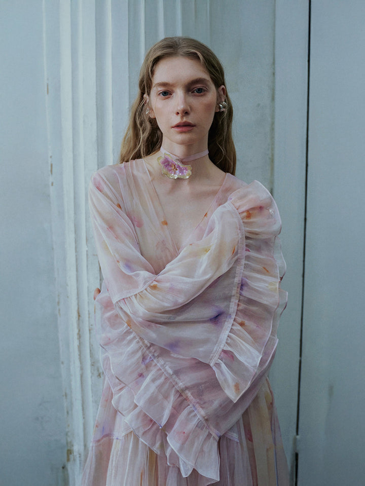 Vネック フリルティアードドレス