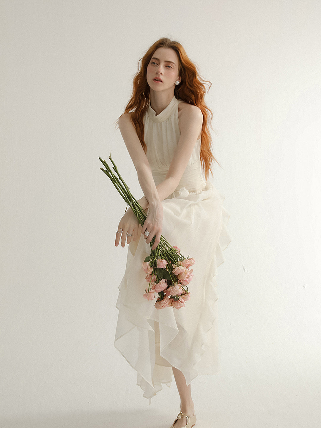 white ruffle halter neck dress 