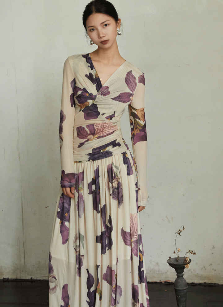 Satin floral print, vitamin color, long camisole dress 