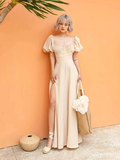 Pale color puff sleeve dress 