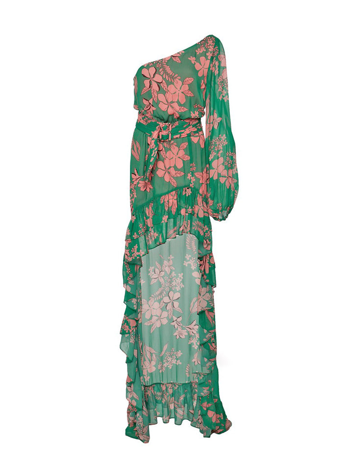 Floral green one-shoulder long ruffle dress 