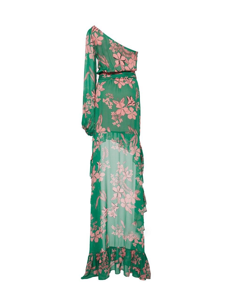 Floral green one-shoulder long ruffle dress 