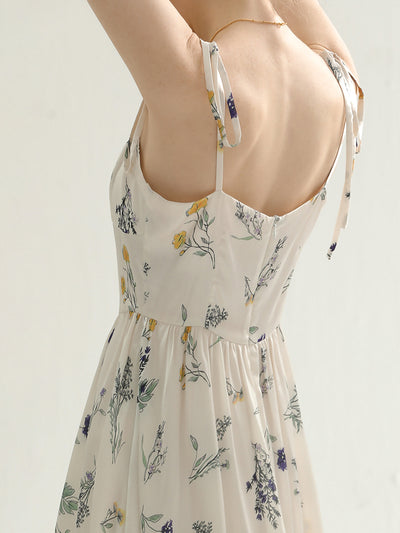 Floral pattern shoulder ribbon white dress dress 