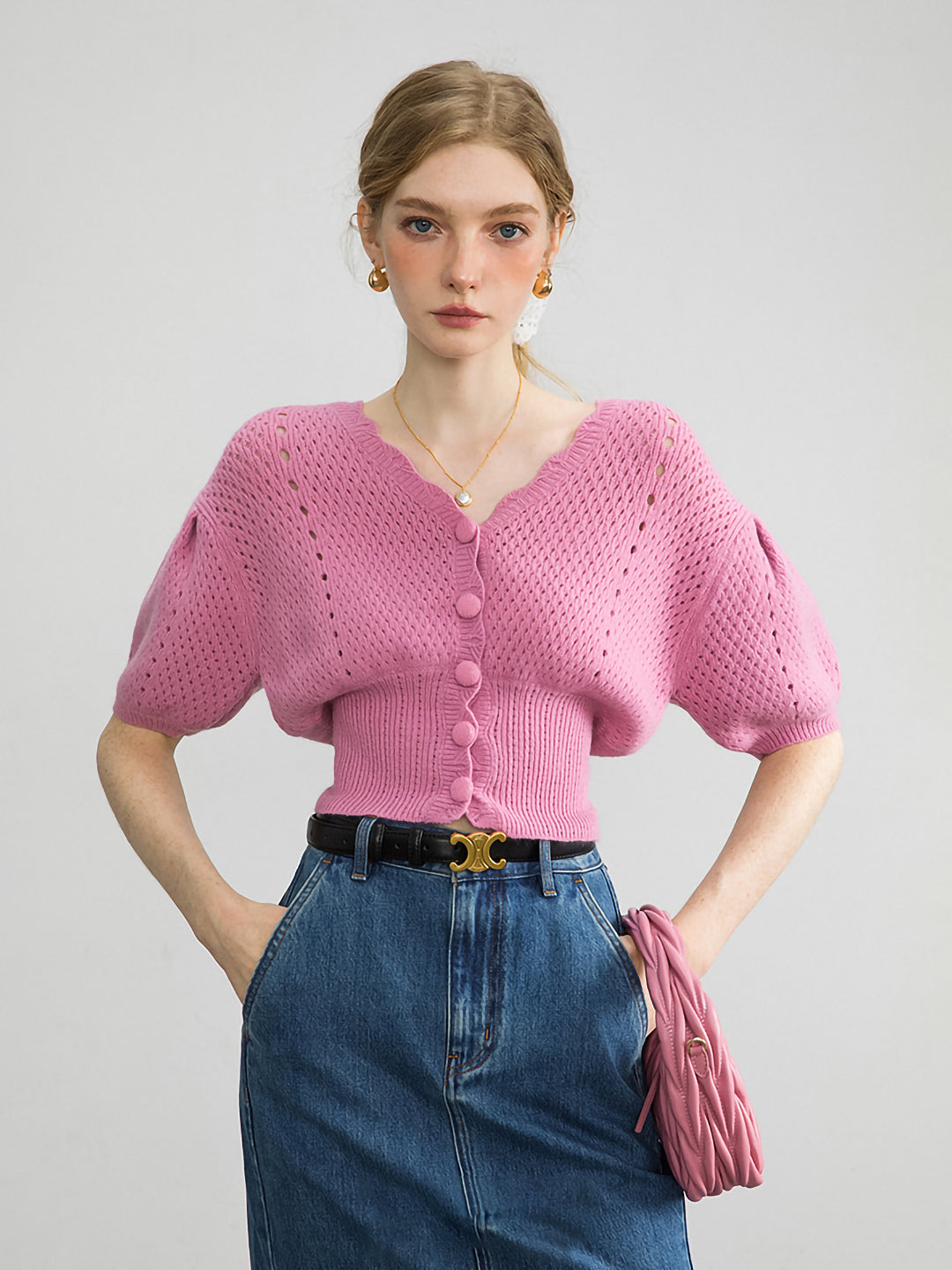 Crochet pink knit puff sleeve cardigan 