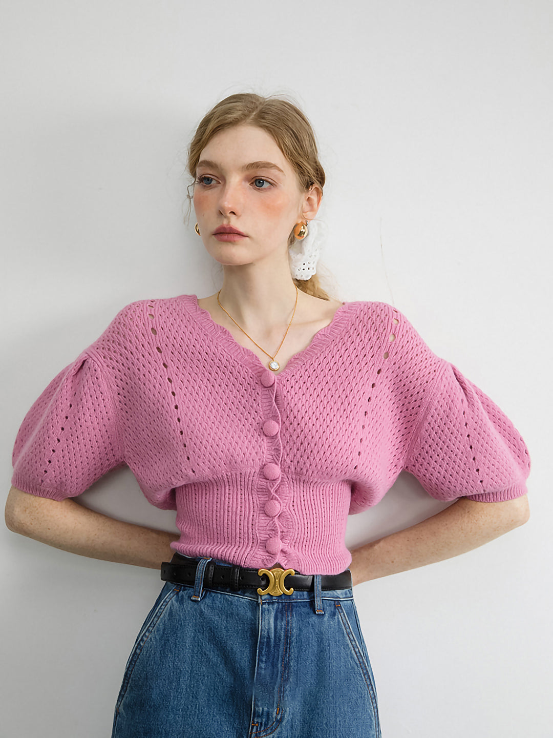 Crochet pink knit puff sleeve cardigan 