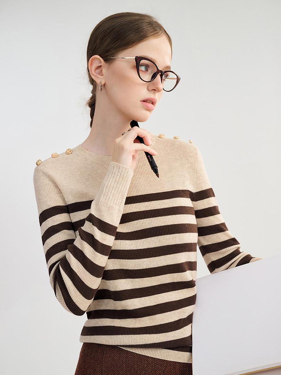 Gold button marine border knit tops [black/white/brown] 