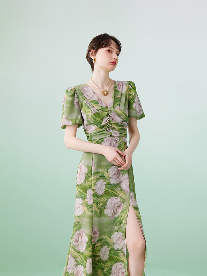 Floral puff sleeve green V-neck dress 