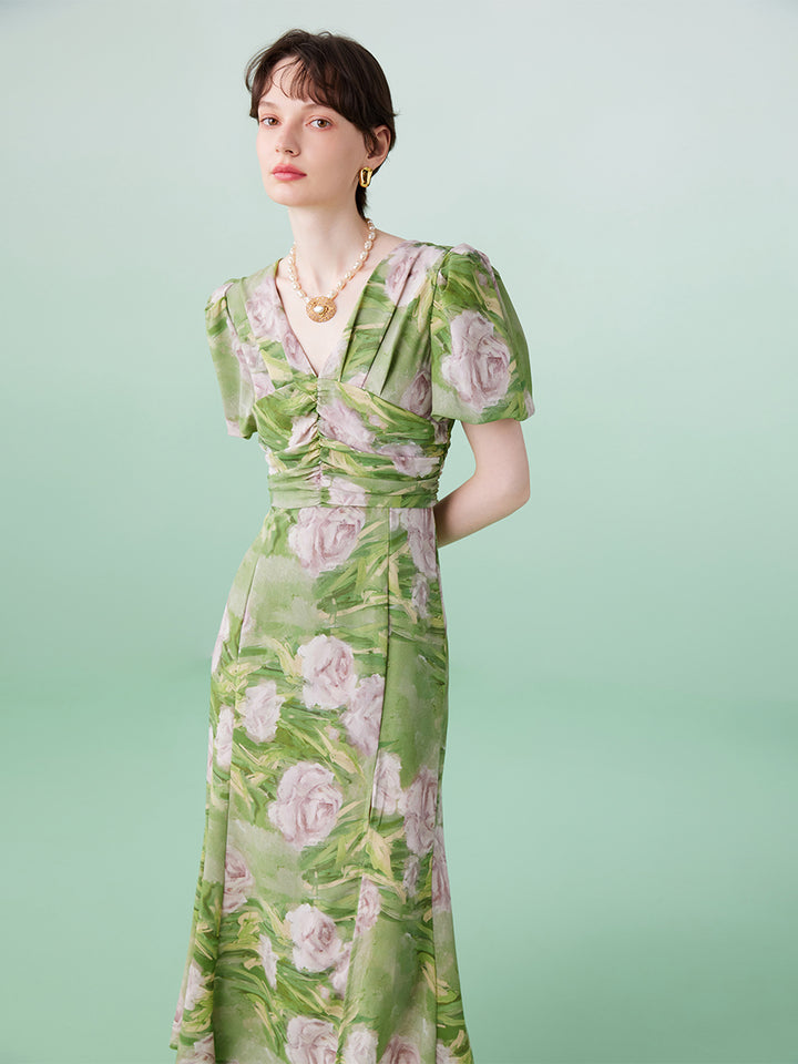 Floral puff sleeve green V-neck dress 