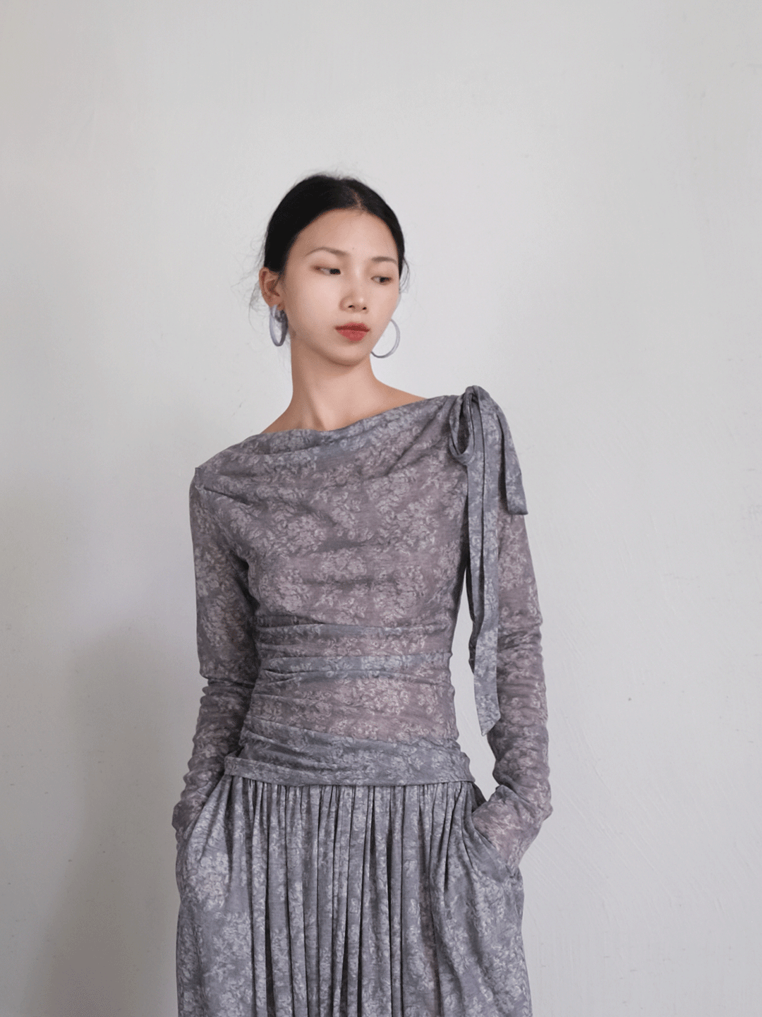Puff sleeve sheer lace dress [white/pink] 