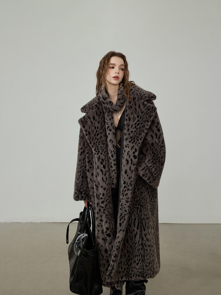 レオパードフェイクファー オーバーコート／ロング丈 エコファー