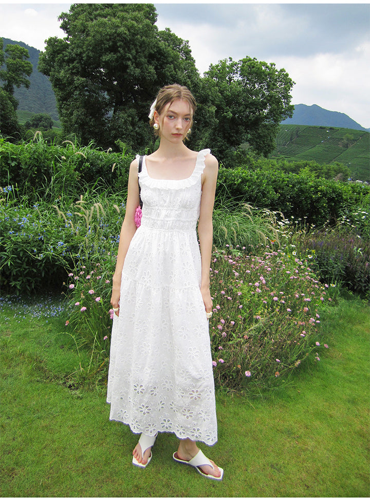 Mini frill round neck lace punching white dress 