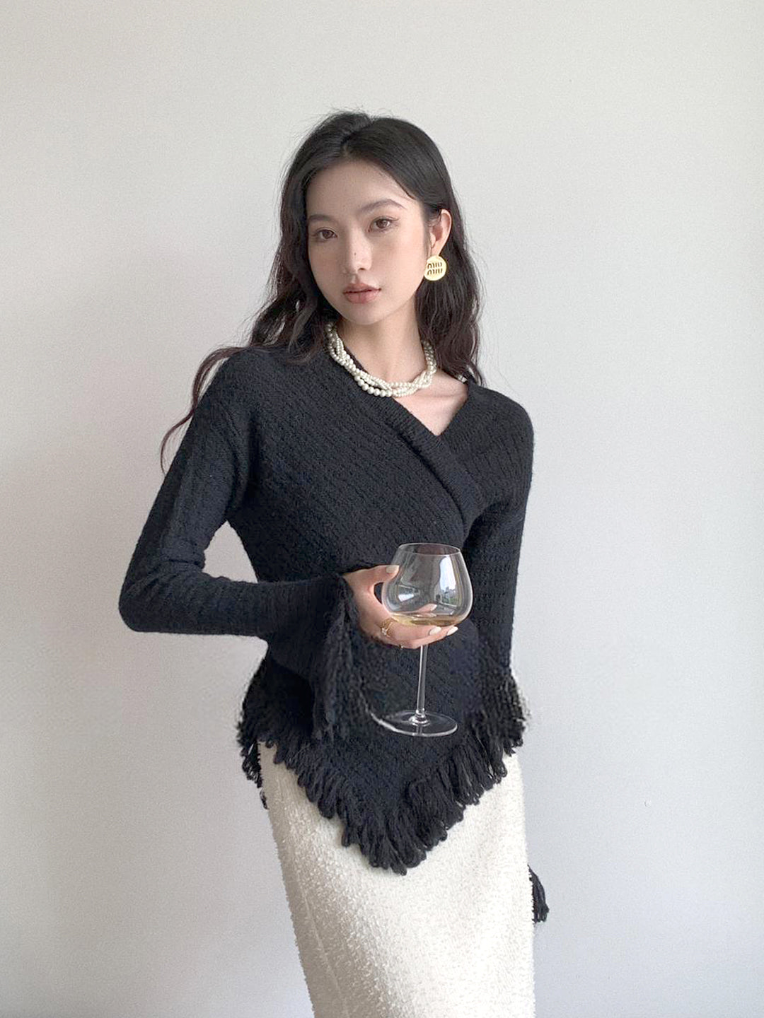 Fringe design knit tops [white/black] 
