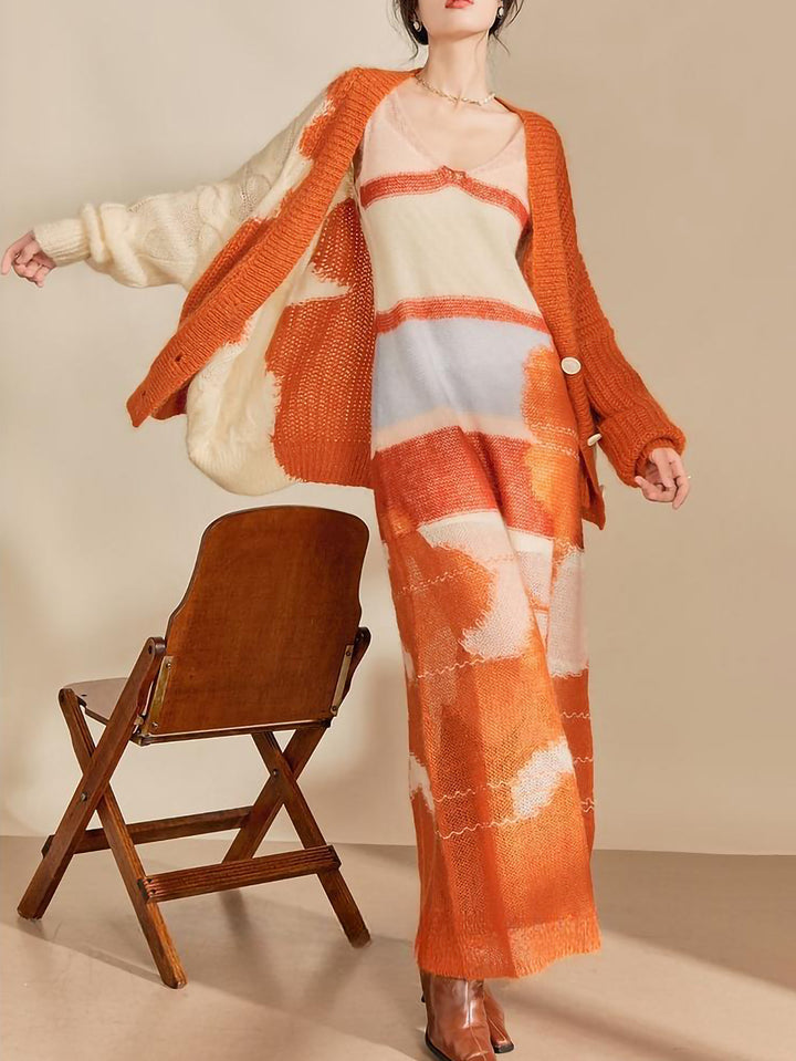 Earth pattern orange dress cardigan 