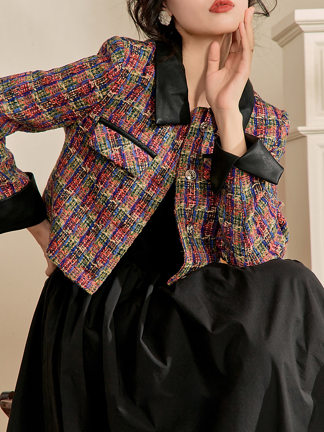 Multicolor black collar tweed jacket 