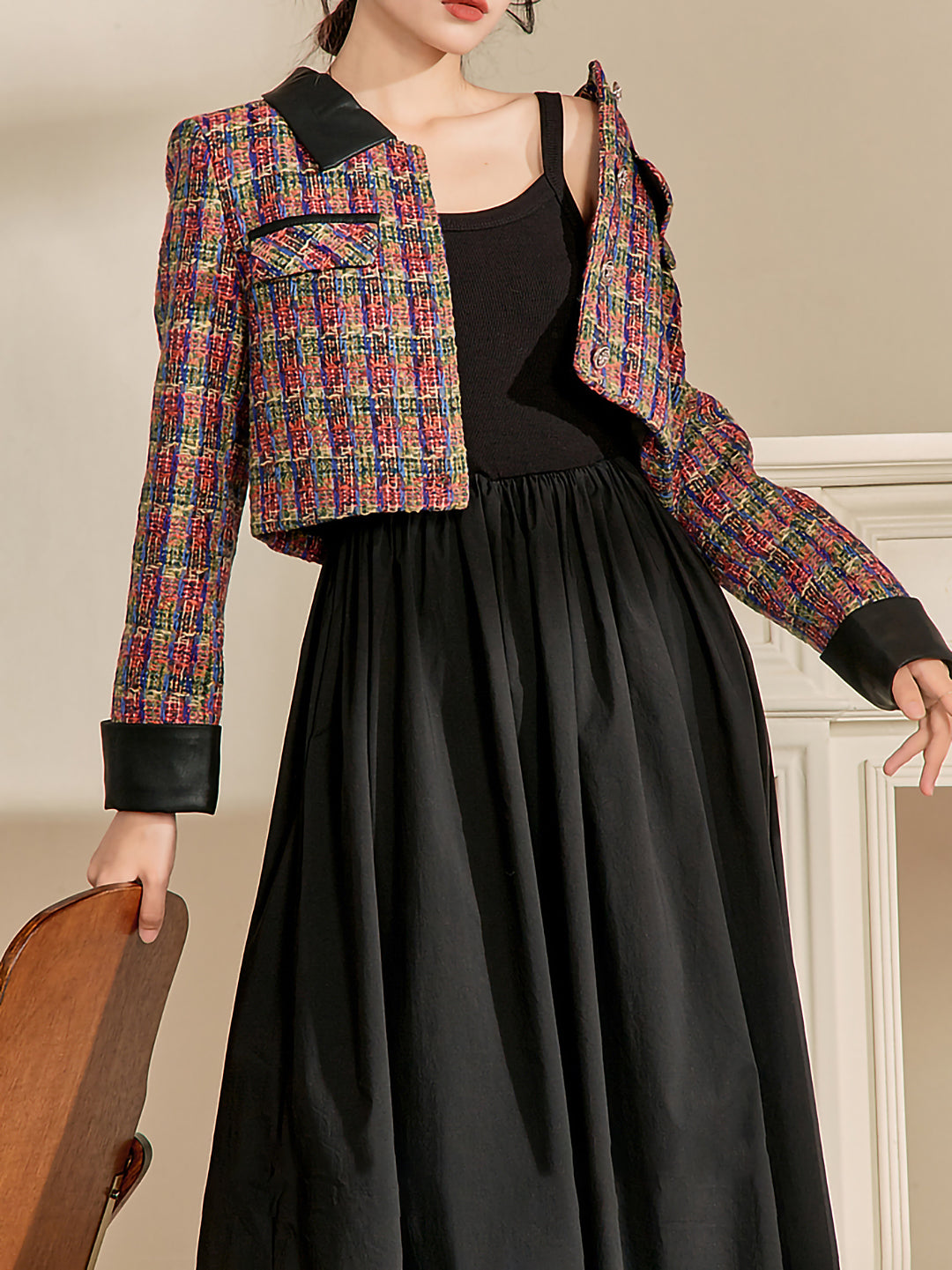 Multicolor black collar tweed jacket 