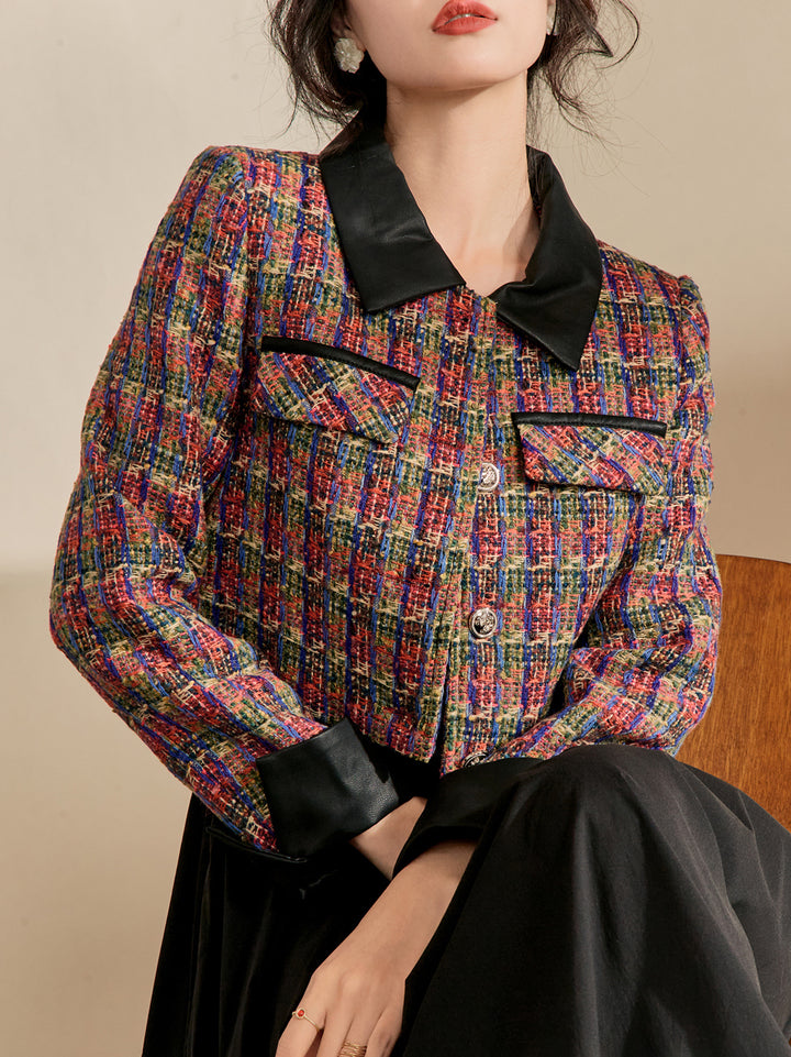 Multicolor black collar tweed jacket 
