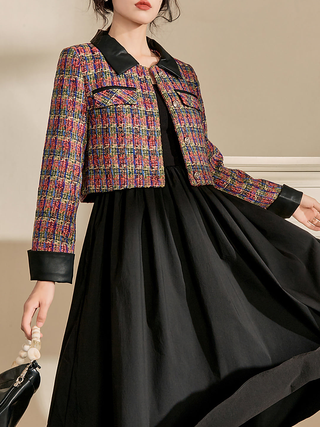 Multicolor black collar tweed jacket 