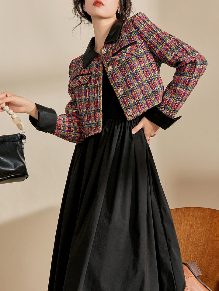 Multicolor black collar tweed jacket 