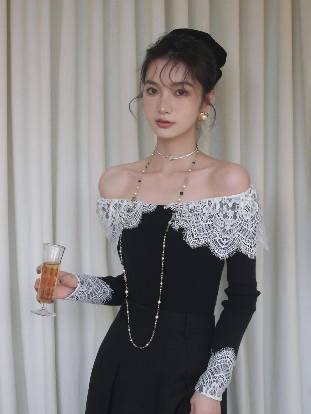 Lace collar 2way Audrey tops [black/white] 
