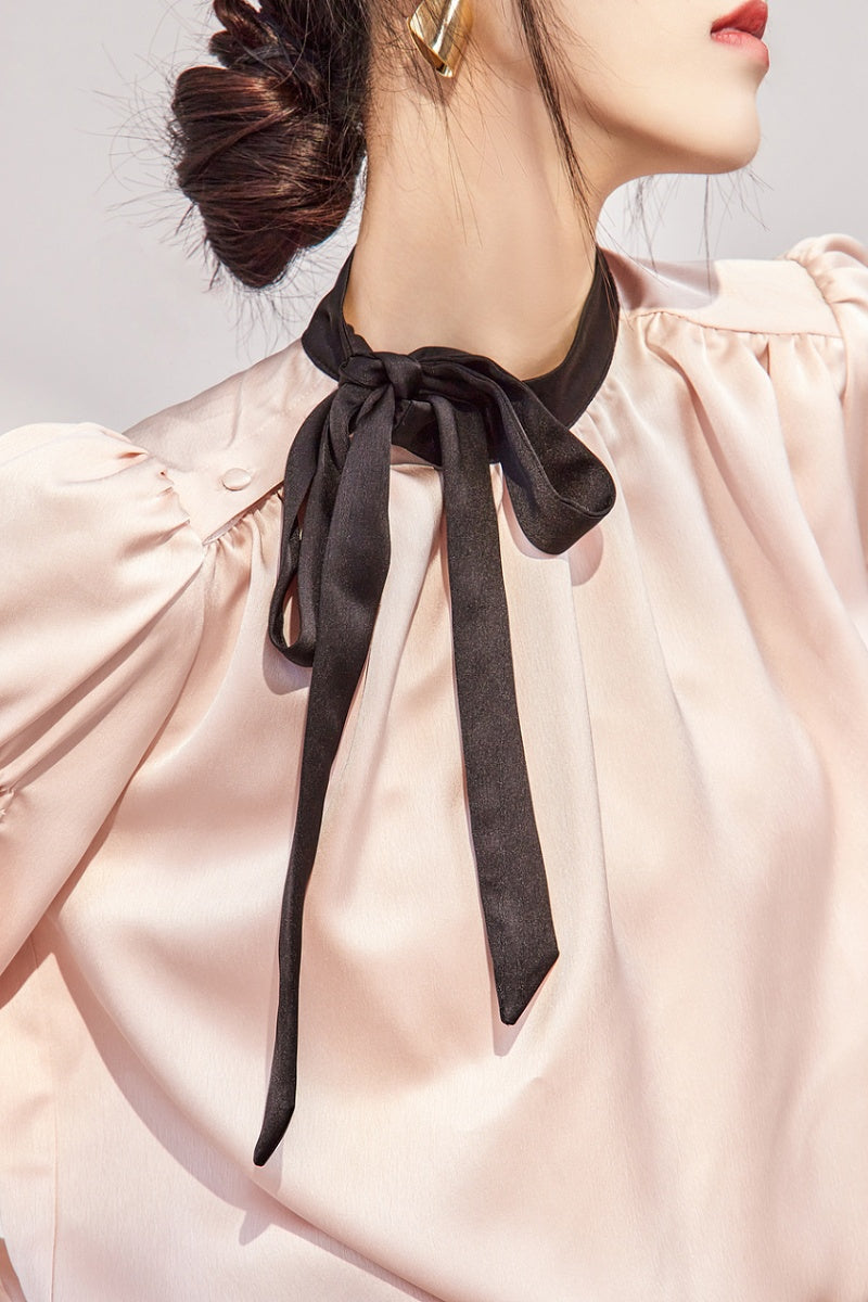 Side ribbon tie pink ruched blouse 