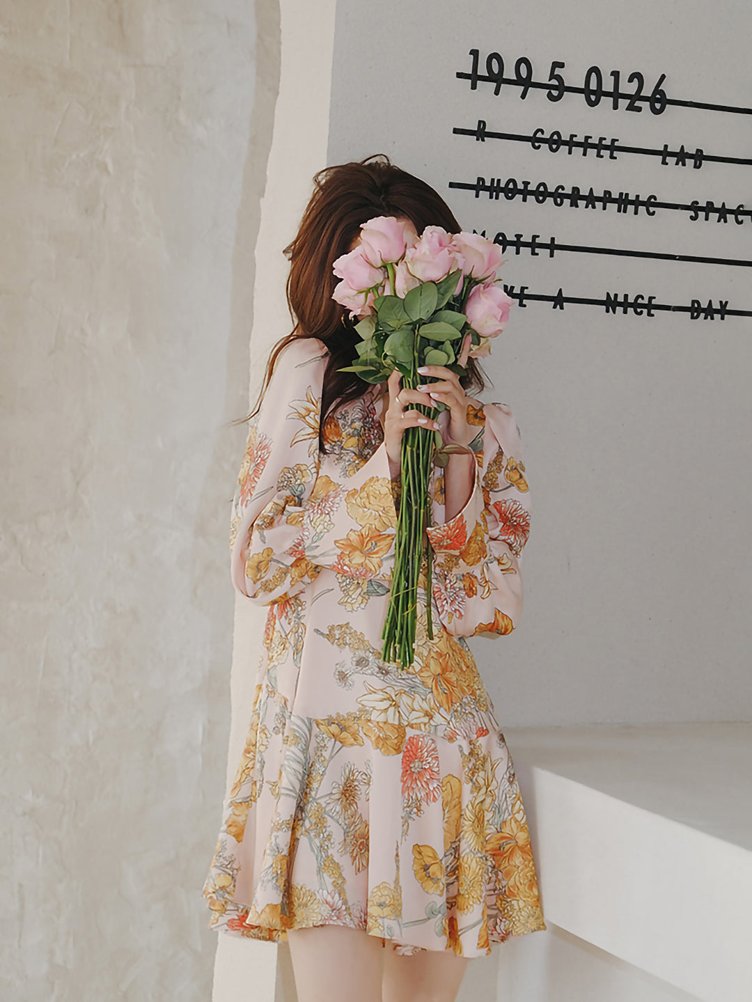 Floral pattern round collar French dress 