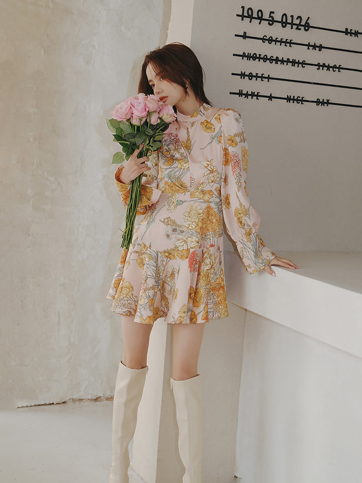 Floral pattern round collar French dress 