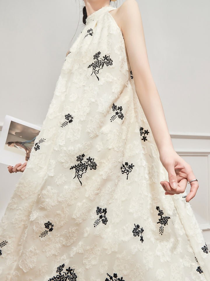 White jacquard x embroidery halter neck dress 