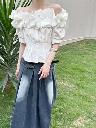 white ruffle off-shoulder tops 