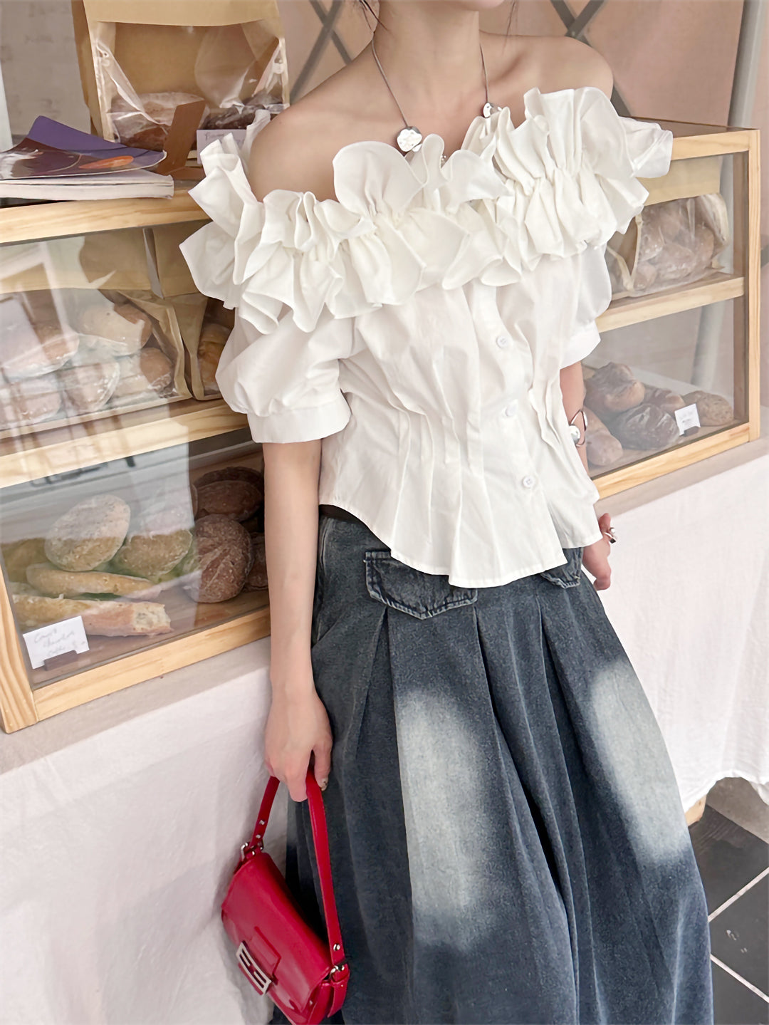 white ruffle off-shoulder tops 